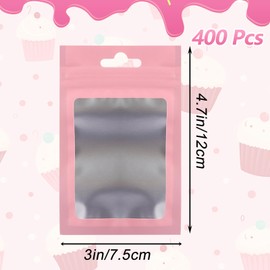 GBACHOOSE 400 Pcs Mylar Bags, 7.5x12cm Foil Ziplock Baggies with Front Window, Resealable Holographic Bags Sweet Pouches for Lipgloss,Jewelry,Eyelash,Food Storage (Pink)