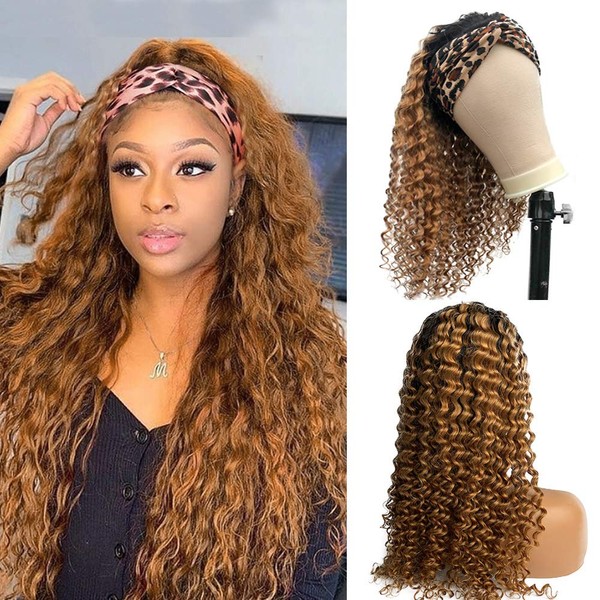 Deep Wave Headband Wigs No Lace Front Human Hair Wigs Glueless Curly 150% Density Full Thick Ends Balayage Black Roots to Strawberry Blonde Machine Made Hair Band with Pre-attached Scarf 16 inch