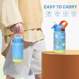 pluseight Kids Insulated Water Bottle with Straw Lid, 350ml BPA-Free Double Wall Vacuum Tumbler 18/8 Stainless Steel Leak Proof Kids Cups with Straw for School Travel Boys Girls (Blue)