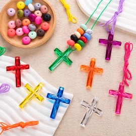 JMZYJZH 100 Pcs Plastic Cross Necklace, Colourful Crystal Cross Necklace Bulk, Christian Cross Necklace Gift Bulk Party Favors for School Church Sunday Bible Prize