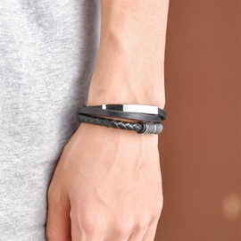 SeiMios Black Leather Bracelet for Men –8.5" Genuine Multi-Layer Braided Wristband Stainless Steel Jewelry for Him