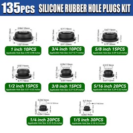 135Pcs Black Silicone Rubber Plugs for Round Holes Grommet Kit, 8 Assorted Sizes (1" 3/4" 5/8" 1/2" 3/8" 5/16" 1/4" 1/5") General Snap Locking Caps for Motorcycle, Furniture, Automotive, Plumbing