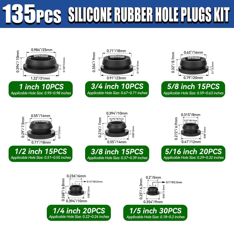 135Pcs Black Silicone Rubber Plugs for Round Holes Grommet Kit,