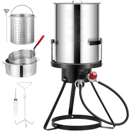 Rengue Turkey Deep Fryer and Propane Burner Kit - 30 Qt. Turkey and 10 Qt. Fish Fryer Boiler with Steamer Set, Aluminum Pot for Outdoor Cooking