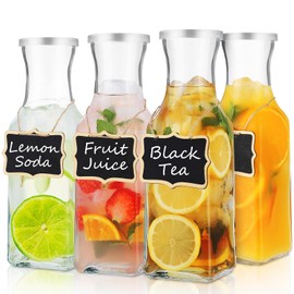 Glass Carafe with Lid, 4Pcs Square Glass Carafe Juice Containers 1 Liter Clear Glass Pitcher Drink Dispensers for Beverage Cold Water Juice Milk Iced Tea Wine Dishwasher Safe