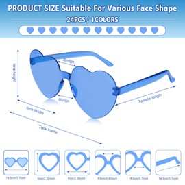 NACHLYNN 24 Pairs Blue Heart Sunglasses for Women Rimless Heart Shaped Sunglasses Candy Color Heart Glasses for Party Favors
