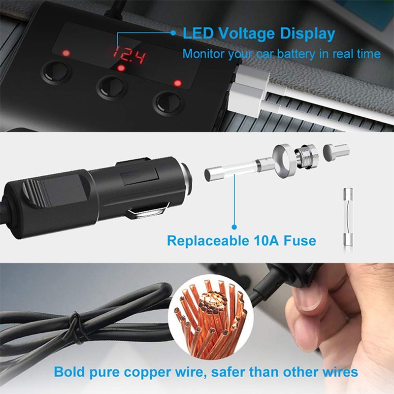 Car Chargers 100W High Power Charging Adapter 3-Socket Power Splitter