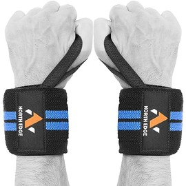 NORTH EDGE Wrist Wraps For Support, Elasticated Pro Cotton Straps, Thumb Loop, Powerlifting Bodybuilding Fitness Strength Gym Training WOD Workout, Gymnastics Calisthenics (Black with Blue Straps)