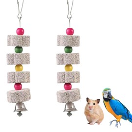 Pack of 2 parrot beak whetstone with bell, bird chew toy, parrot teeth grinding toy, bird beak whetstone, chinchilla teeth, limestone for budgies, limestone for birds
