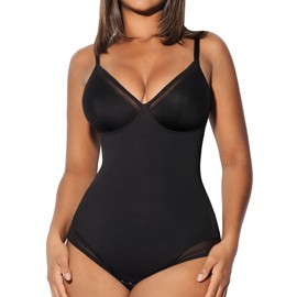 FeelinGirl Shapewear Women's Tummy Control Bodysuit Figure Shaping Briefs with Hook Closure in Crotch Bodice Body with Mesh Inserts, A-Black