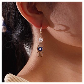 Allereya Vintage Hamsa Hand Dangle Earrings Devil Eye Drop Earrings Pearl Hoop Huggie Earrings Gold Pearl Hamsa Earrings Jewelry for Women and Girls