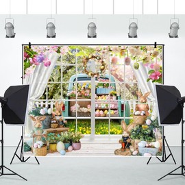 Caaerttply Easter Backdrops for Photography 10x8ft Spring Easter Eggs Photo Background Window Flower Green Grass Rabbit Truck Backdrop Kids Baby Children Easter Day Party Portrait Photo Props