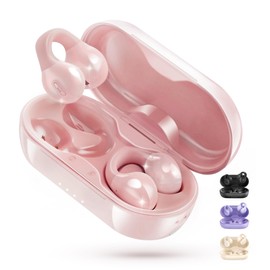 King Lucky i21 Open Ear Clip On Earbuds Wireless Bluetooth Ear Clip Headphones with Mic,Noise Cancelling, Waterproof IPX4,for Small Ears,Perfect for Running,Sports,Glasses Wearers (Pink)