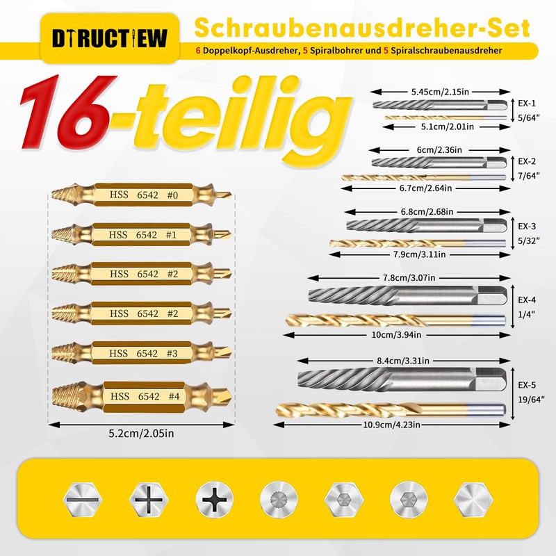 16 Pcs Hss 6542 Screw Extractor Set, Easy Out Screw