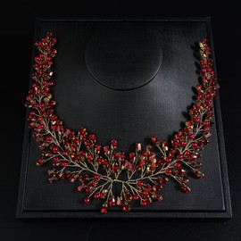 JWICOS Diadema de vidrio para novia, diadema de boda para novias, perlas y diamantes de imitación, accesorios para el cabello para mujeres (rojo)