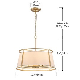 Shrine Lighting Drum Chandeliers, Modern Style, Perfect Pendant Light Fixture for Dining Room, Living Room, D20'' x H9'', Adjustable Chains 59'', E12*4 Sockets, White Lampshade & Brass Finish Frame