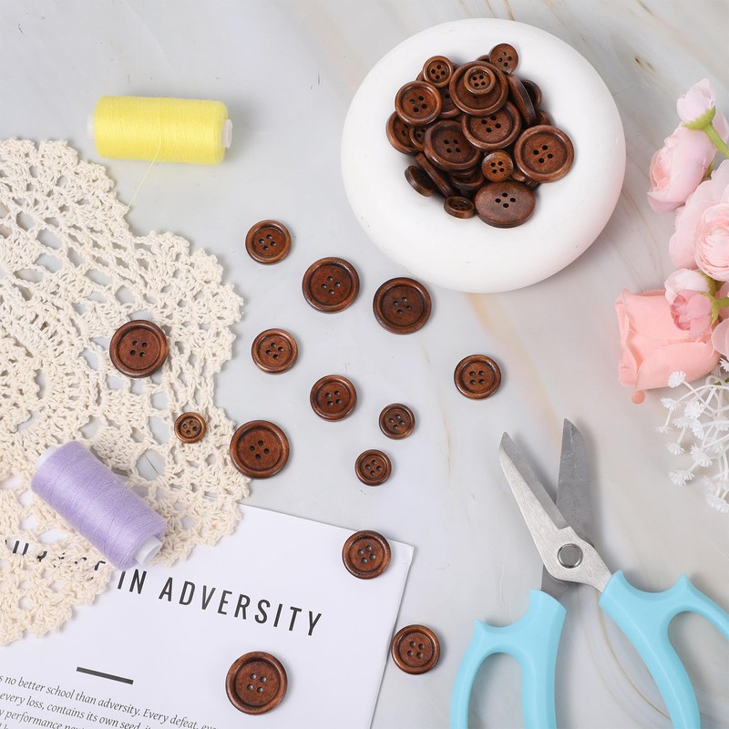 100 Pcs Wooden Buttons 4 Hole Round Buttons Bulk Brown