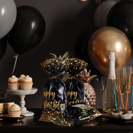 Leinuosen 100 Pcs Happy Birthday Bags Small Black Gold Cellophane Treat Dot Goodie Party Favor Candy Bags with 100 Golden Twist Ties Cookie Packaging for Birthday Party Supplies