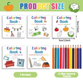 Sinload 5 Pcs Mini Coloring Books with 12 Mini Colored Pencils Variety Pack Pocket Size Small Coloring Books Gifts for Adult Coworkers School Student Travel Coloring Book(Cute)