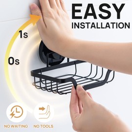 LEVERLOC Soap Dish, Soap Bar Holder for Shower Suction Cup Wall Mounted, Stainless Steel No-Drilling Removable Waterproof Sponge Holder for Bathroom Bathtub Kitchen Sink, Keep Dry, Black