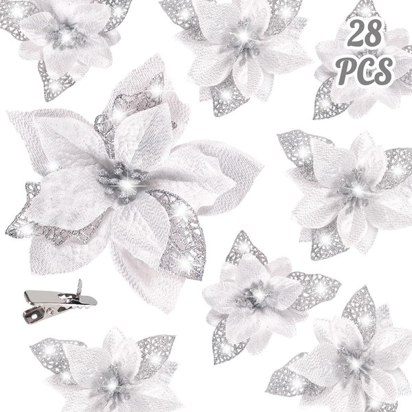 Geefuun 28PCS Christmas Tree Decorations: Poinsettias Artificial Flowers Ornaments Xmas Silver Glitter Flower with Clips