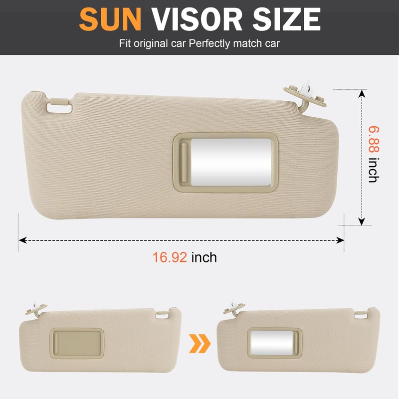 Right Passenger Side Beige Sun Visor with Vanity Light Fit