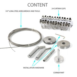 WALLNITURE Stainless Steel Curtain Drape Wire Rod Stainless Steel Chrome 16.5 Feet 24 Hanging Clips