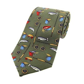 Soprano green colour Silk Tie adorned with various fly fishing images such as flies, rods, reels and fish…