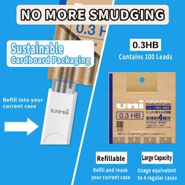 三菱鉛筆 Uni Smudge-Proof Lead Refill, 0.3mm Extra Fine, HB, Sustainable Cardboard Bulk Packaging, Eco-Friendly Recyclable, Refills 4 Dispensers, Set of 2 (200 Pieces)