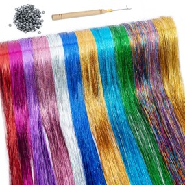 Hair Tinsel, Hair Tinsel Kit with Tools, Tinsel Hair Extensions, 12 Colors 3200 Strands Glitter Hair Tinsel Heat Resistant 46 Inch Fairy Hair