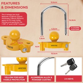 GADLANE Trailer Hitch Lock - Robust Caravan Hitch Lock with 6 Locking Positions for Easy Installation, Made from Heavy Duty Aluminium - Tow Ball Trailer Lock Security Kit - Includes 2 Keys (Yellow)