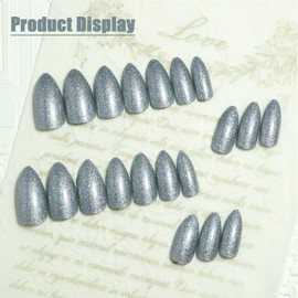 Silver UV Press on Nails Medium Almond Shape, Glossy Color Glitter Full Cover Acrylic Nails Fake Nails with Sparkly Designs, Gel Nails False Nails with Glue Stick on Nails for Women Girls