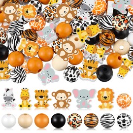 200 Pcs Cute Jungle Animals Wood Beads with Cow Leopard Tiger Giraffe Print Pattern Spacer Loose Beads for Room Party Decor Indoor Tiered Tray Wall Hanging Ornament