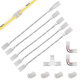 COB LED Strip Connector Set for 8 mm Wide COB Strips 2 Pin, 4 Pieces Transparent Centre Connectors, 2 Pieces L-Shape, 1 Piece T-Shape and 4 Pieces Dual-End Extension Wires 15 cm with 1 Piece DC