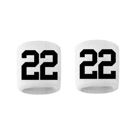 #22 Embroidered/Stitched Sweatband Wristband WHITE Sweat Band w/ BLACK Number (2 Pack)