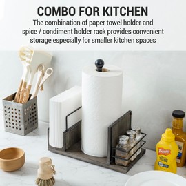 MyGift All-in-One Paper Towel Holder Kitchen Caddy, Vintage Gray Solid Wood and Industrial Matte Black Metal Dining Combo Rack with Paper Towel Dispenser, Napkin Holder, and Spice Rack