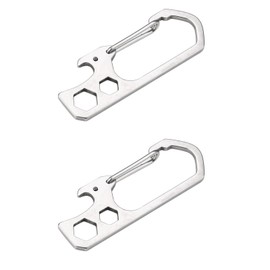 2 Stück Karabinerhaken Schlüsselanhänger Clip, 65 mm Edelstahl Karabiner Clip mit Sechskantschlüssel und Flaschenöffner für Camping, Wandern, Reisen, Angeln (Silber)
