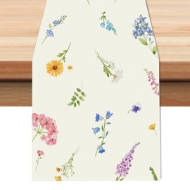 Bonhause Floral Table Runner 13x72 Inch Blue Pink Purple Wildflowers Plants Seasonal Holiday Kitchen Dining Table Decoration for Indoor Outdoor Home Party Decor