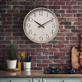 WHW Whole House Worlds Modernist Home Wall Clock, Quartz Movement, Faux Wood Frame, 15 Inches Diameter, 1 AA Battery (Not Included) Round, Analogue, Second Hand, Retro