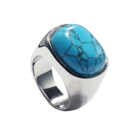 PAURO Mens Stainless Steel Oval Synthetic Blue Turquoise Wedding Ring with Polished Silver Side Size W