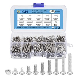 DTGN Nuts and Bolts Assortment Kit #6-32 Pan Head Machine Screw 304 Stainless Steel Screw Assortment Kit for Drawer, Cupboard, Closet Handle, 220 Pieces