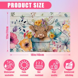 Highland Cow Placemats Set of 6,12x18 Inch Watercolor Floral Linen Place Mat Washable Stain Resistant Table Mats for Spring Summer Seasonal Farmhouse Kitchen Party Home Decor