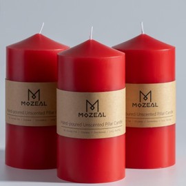 MOZEAL 3" x 6" Hand-Poured Unscented Red Pillar Candles,Dripless Candles Set of 3,Long Lasting Burning,Approx 100 Hours Burn Time for Wedding,Dinner,Christmas and Home Decor