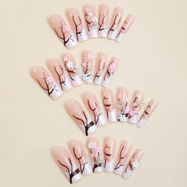 French Press on Nails Long Coffin 24Pcs Glossy Full Cover Acrylic Square False Nails with Flower Butterfly Gems Designs Ballerina Extra Long Artificial Fake Nails with Charm for Women Girls
