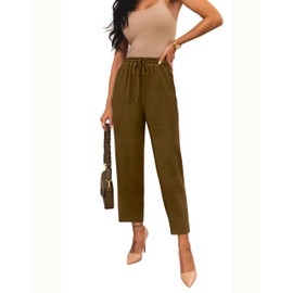 TESANCCO Womens Linen Palazzo Pants Summer Straight Leg Drawstring Elastic Waist Casual Pant 2025 Trouser with Pockets Brown L