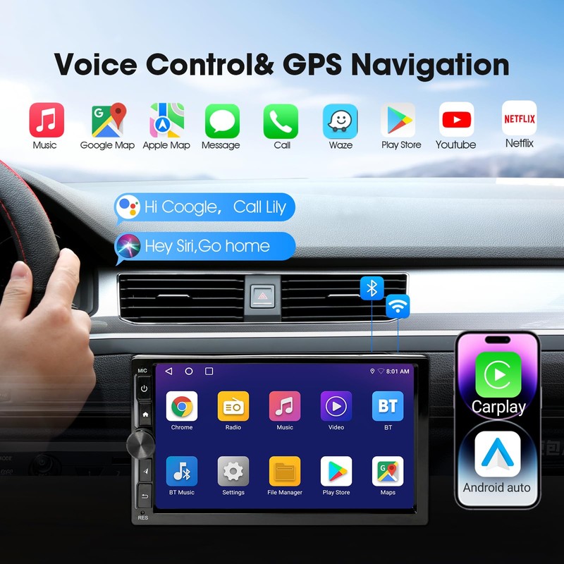 Haudio 7" Wireless Apple CarPlay & Android Auto Double Din