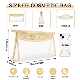 UIXIZQ Small Boho Straw Clear Makeup Bags for Women&Girls, Zipper Cosmetic Bag Chenille Varsity Letter Patch Bag, Preppy Cute Toiletry Pouch, Trendy Organizer Storage Bag for Beach Travel, Beige