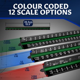 Aluminum Architect Scale Ruler - 30cm Ruler Laser Etched Triangle Drafting Ruler with Colour Coded Grooves for Blueprint, Drafting - Architectural Scale Ruler (Black, Metric Units)