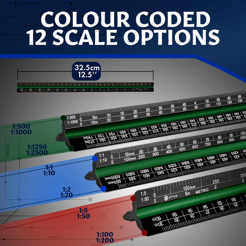 Aluminum Architect Scale Ruler - 30cm Ruler Laser Etched Triangle