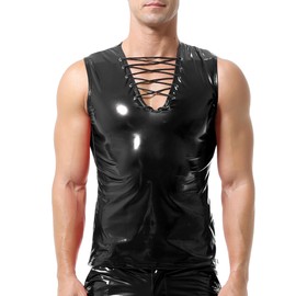 QiaTi Men's Faux Leather Undershirt Wetlook Tank Top Shirt Chest Lace Up Sleeveless Vest Sport Muscle Bright-Black